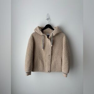 SEIFINI cropped Sherpa Teddy Jacket XS Beige Cozy Hooded Zip Snap Fleece Soft